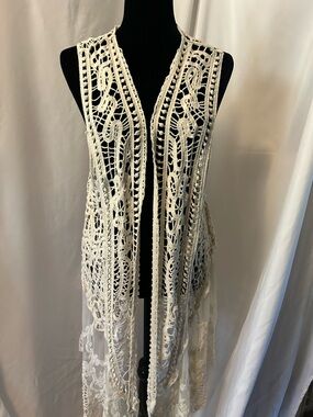 Crochet Lace Long Vest - Cream